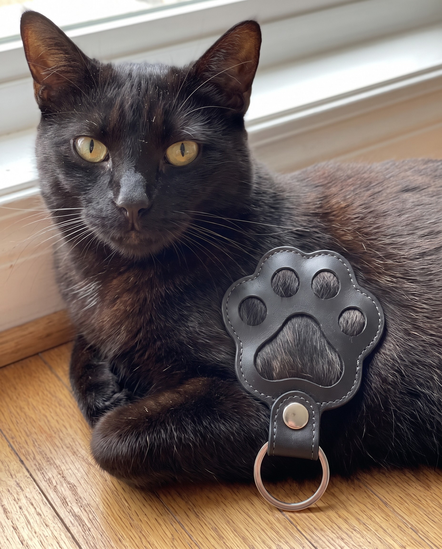 Black cat resting beside an Ebony Pawch