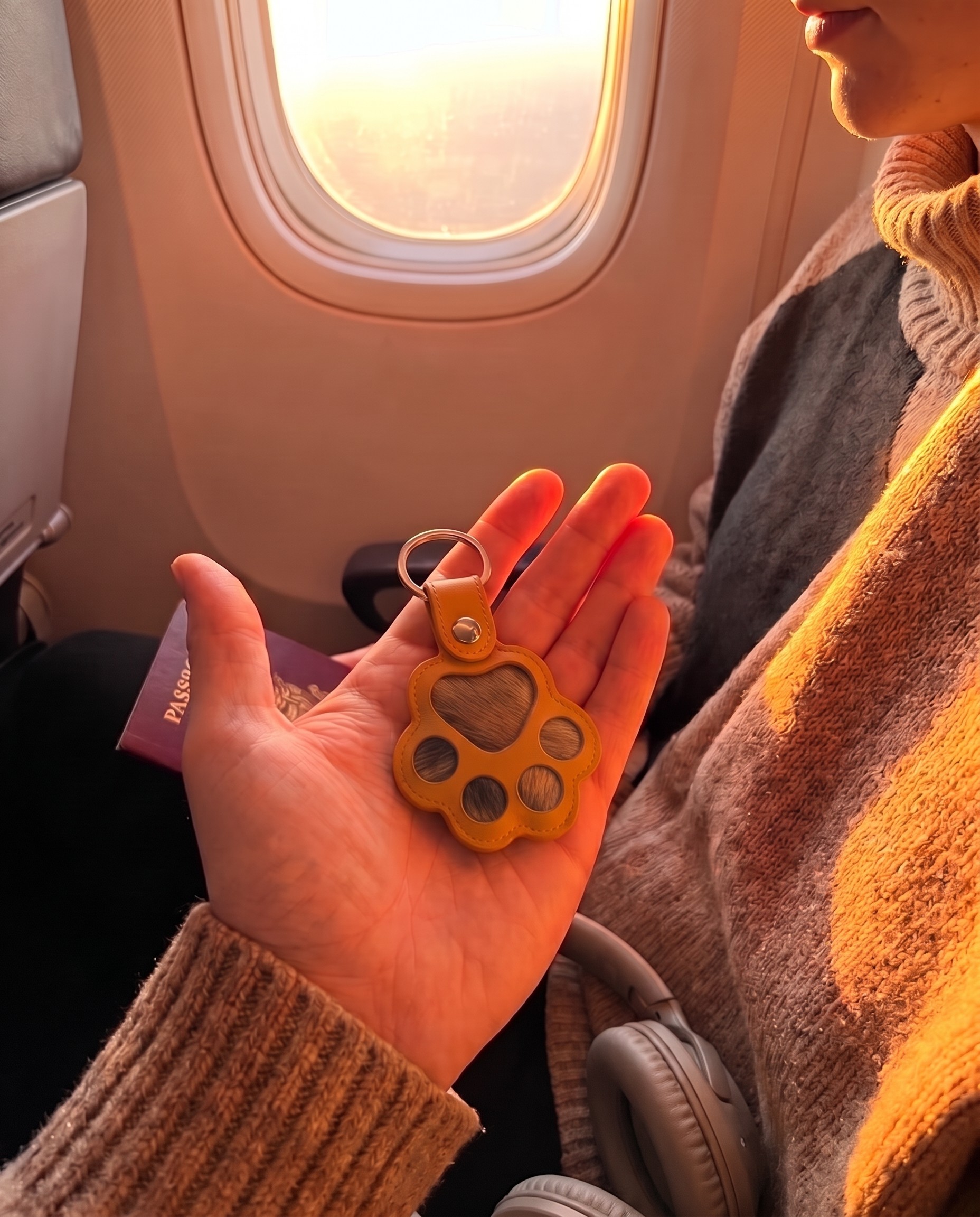 Cat keepsake at an airplane window