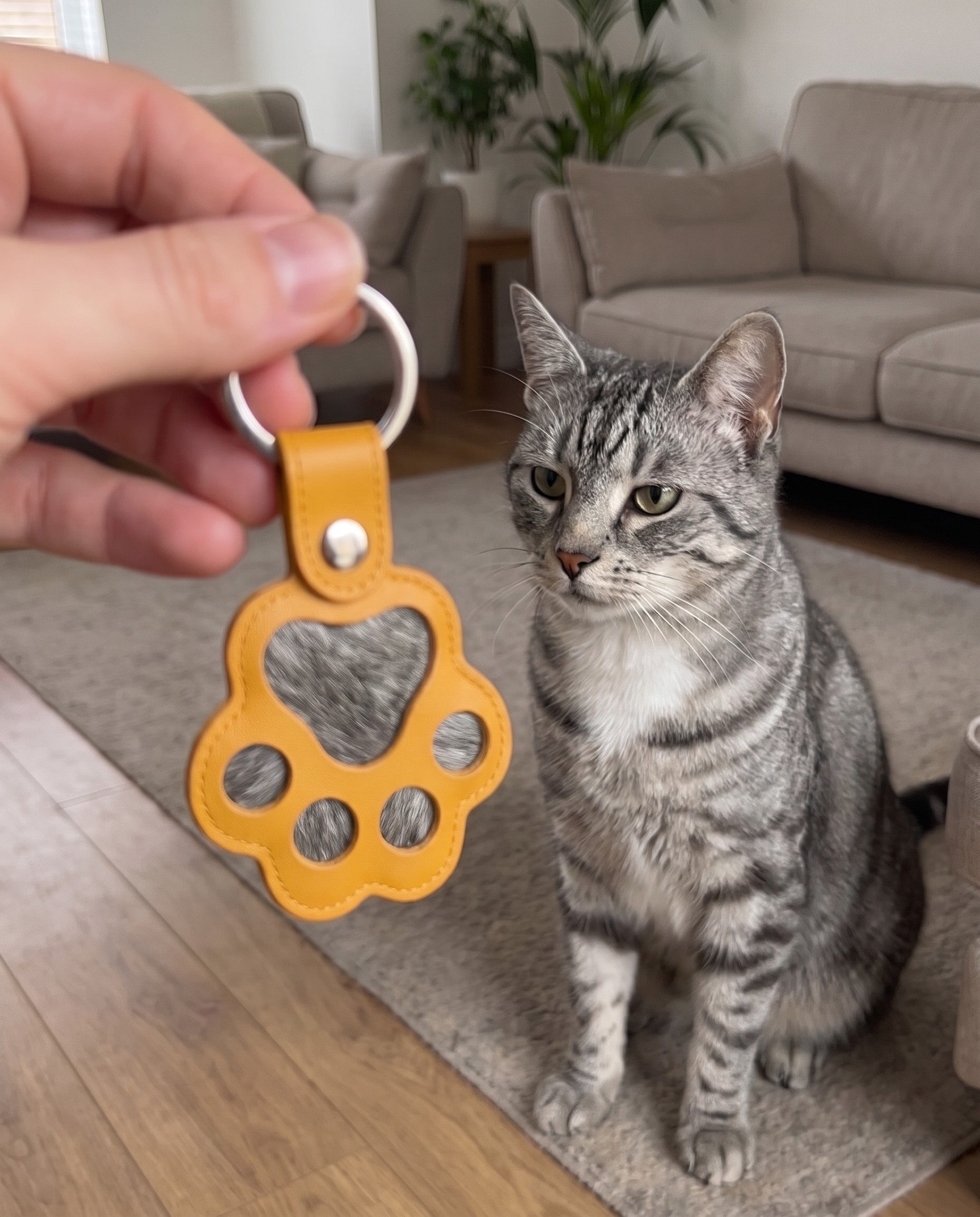 Grey tabby cat beside a Pawch