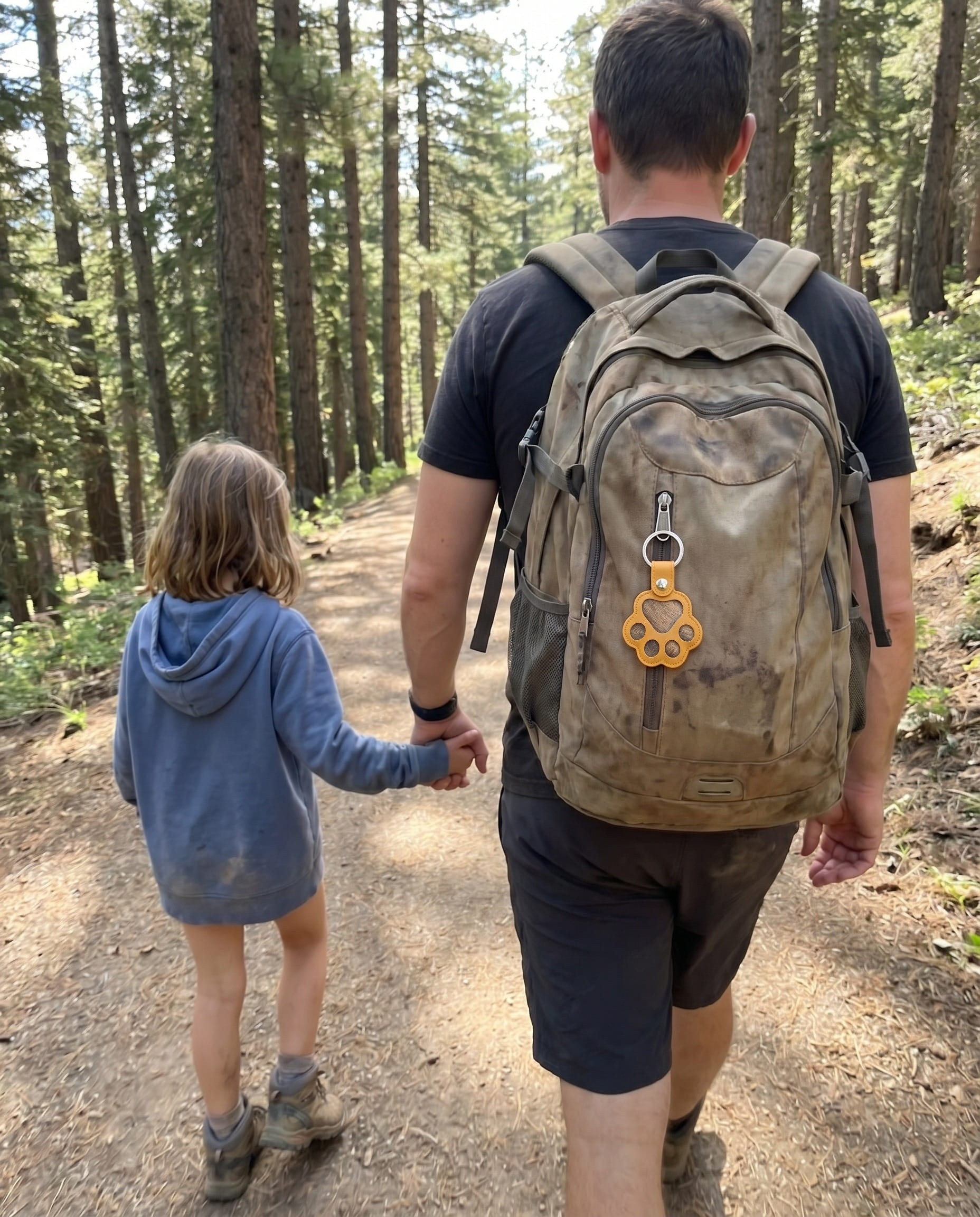 Cat keepsake clipped to a hiking pack