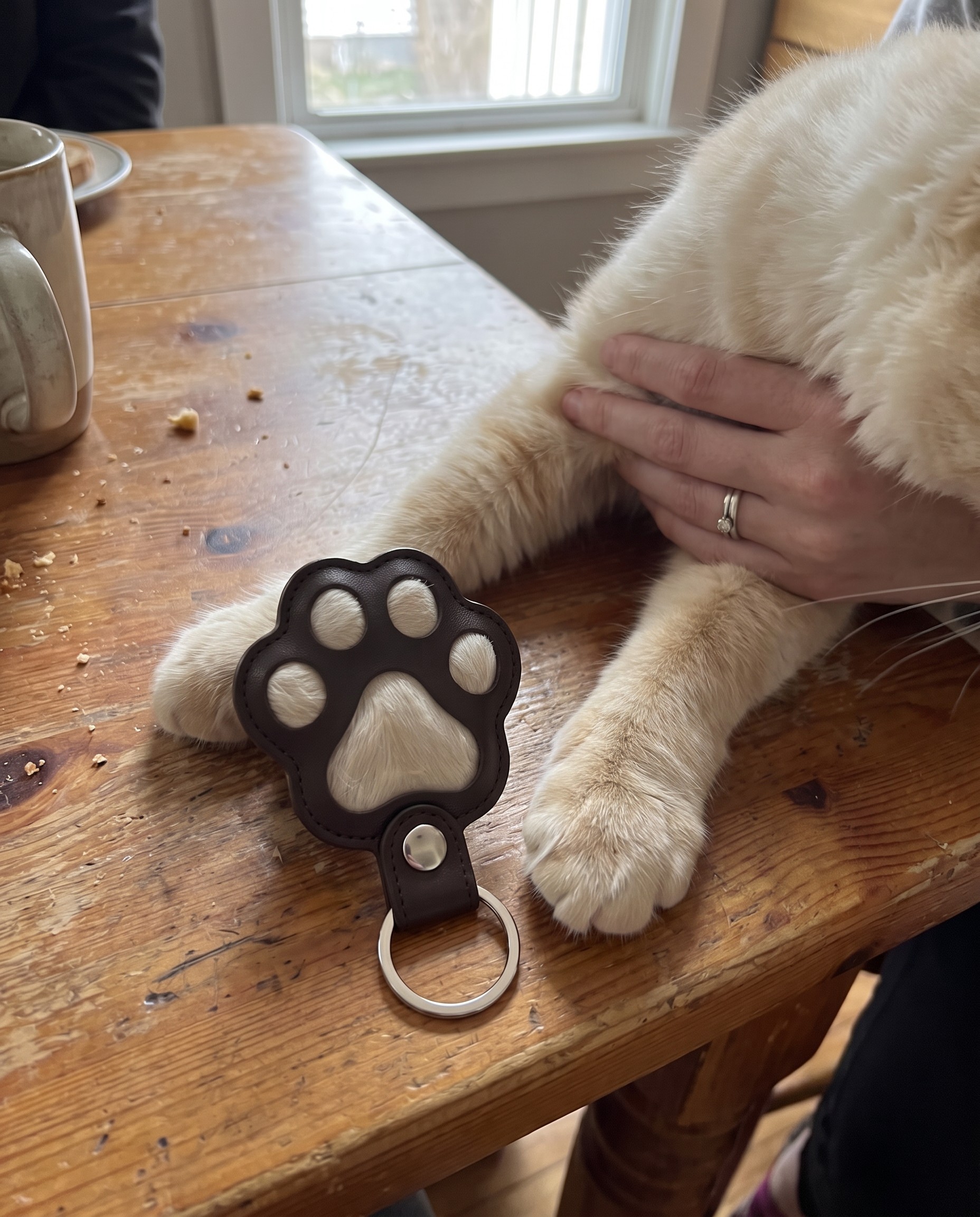 Cat paws beside a Pawch on a table