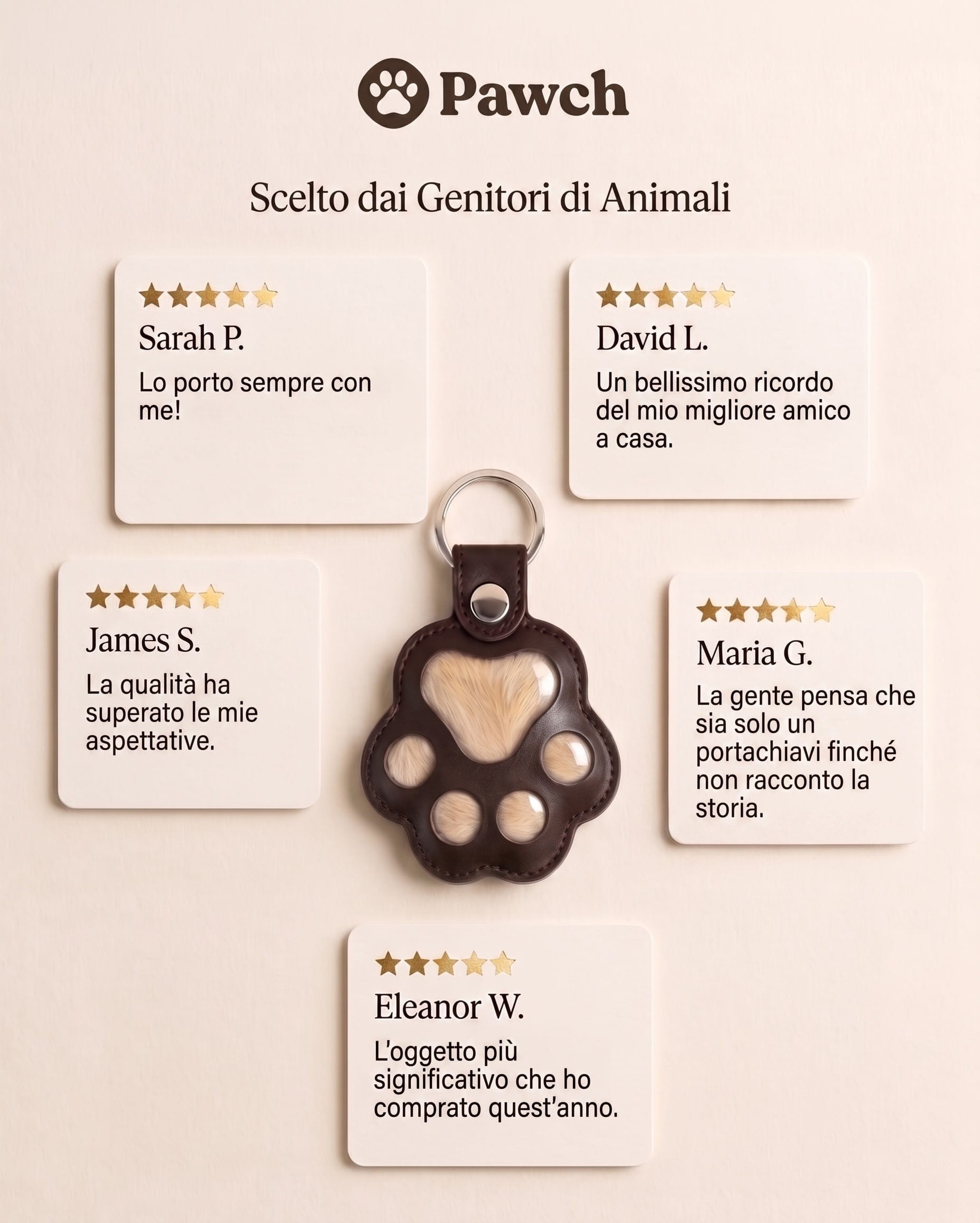 Collage di recensioni Pawch con frasi di chi ci ha scelto