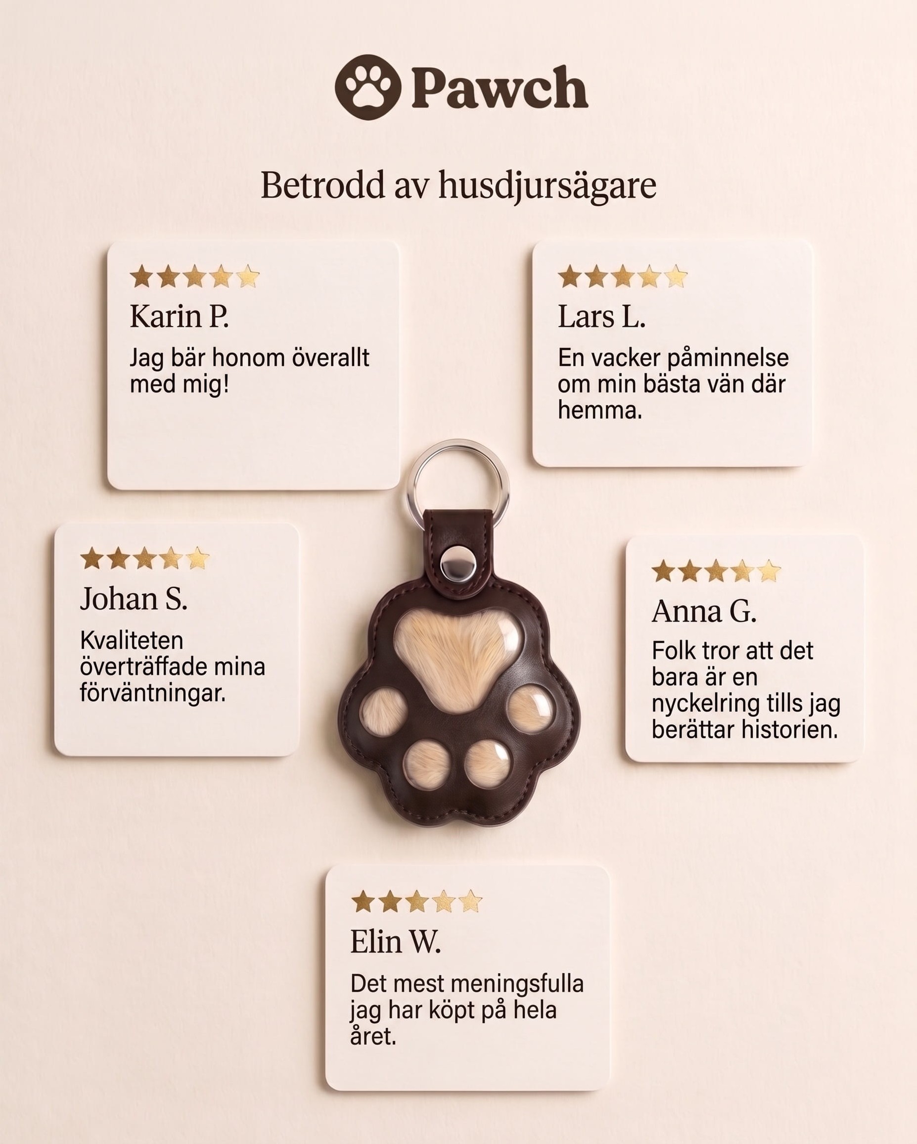 Collage av recensioner från Pawch med citat från de som valt oss