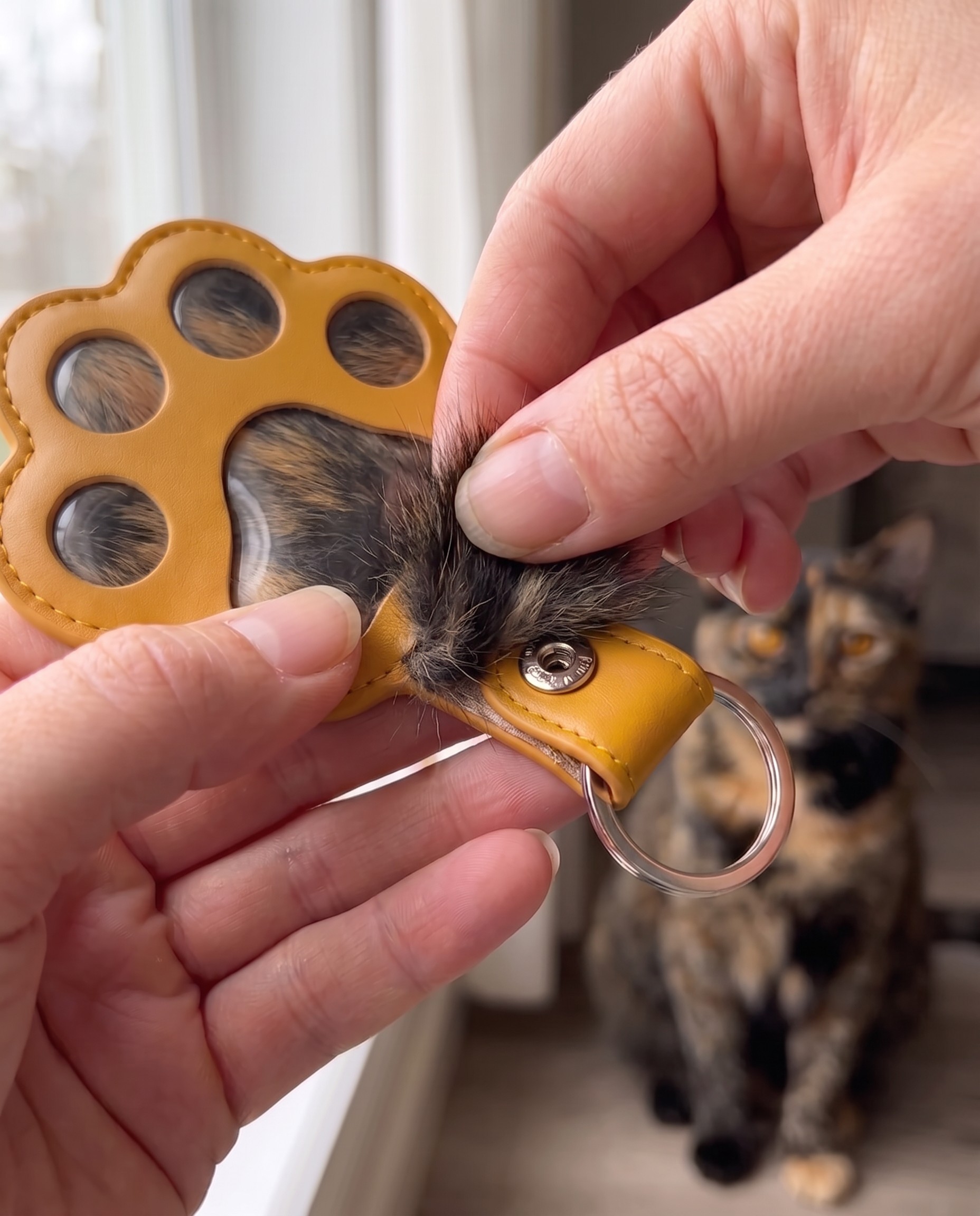 Sesame, tortoiseshell cat met zijn Pawch