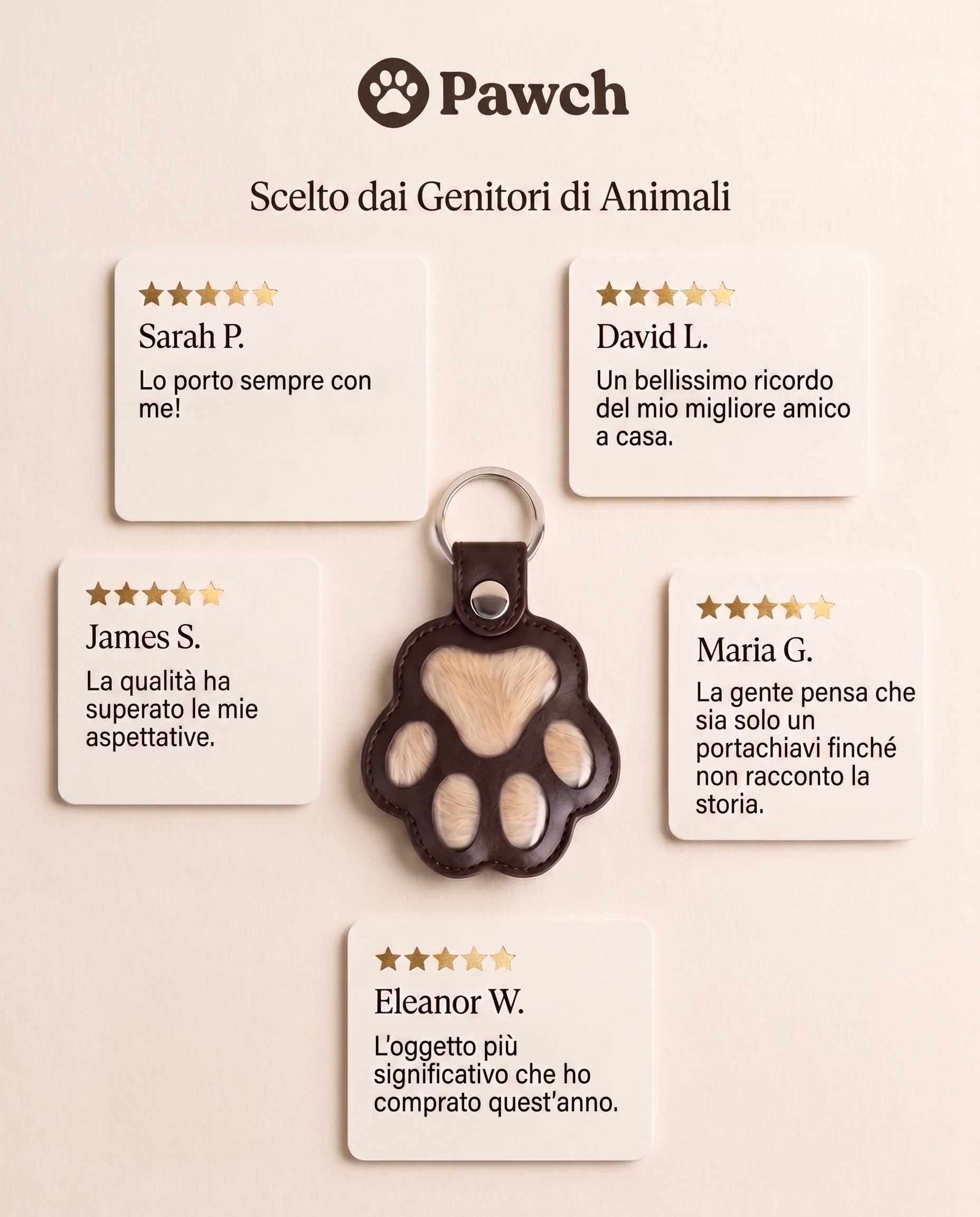 Collage di recensioni Pawch con frasi di chi ci ha scelto
