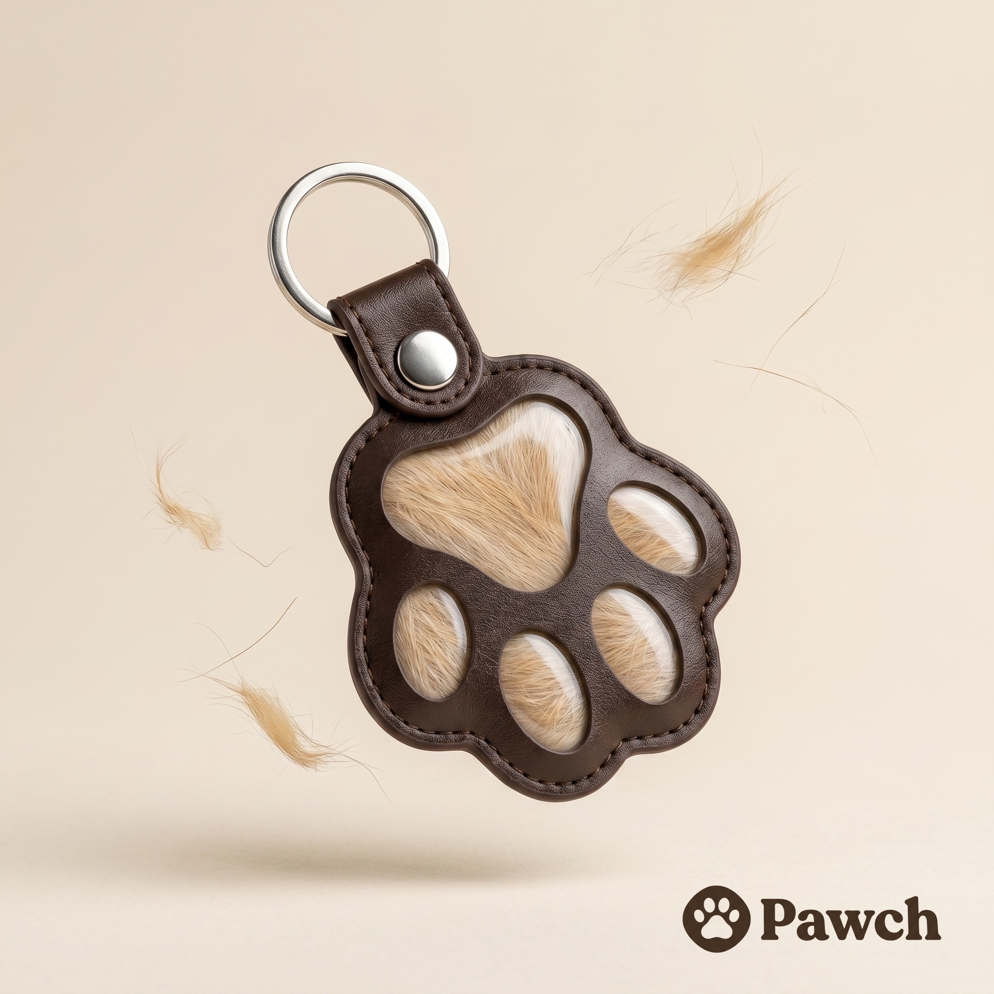 A small amount of dog fur held behind the clear window of a leather keepsake keychain