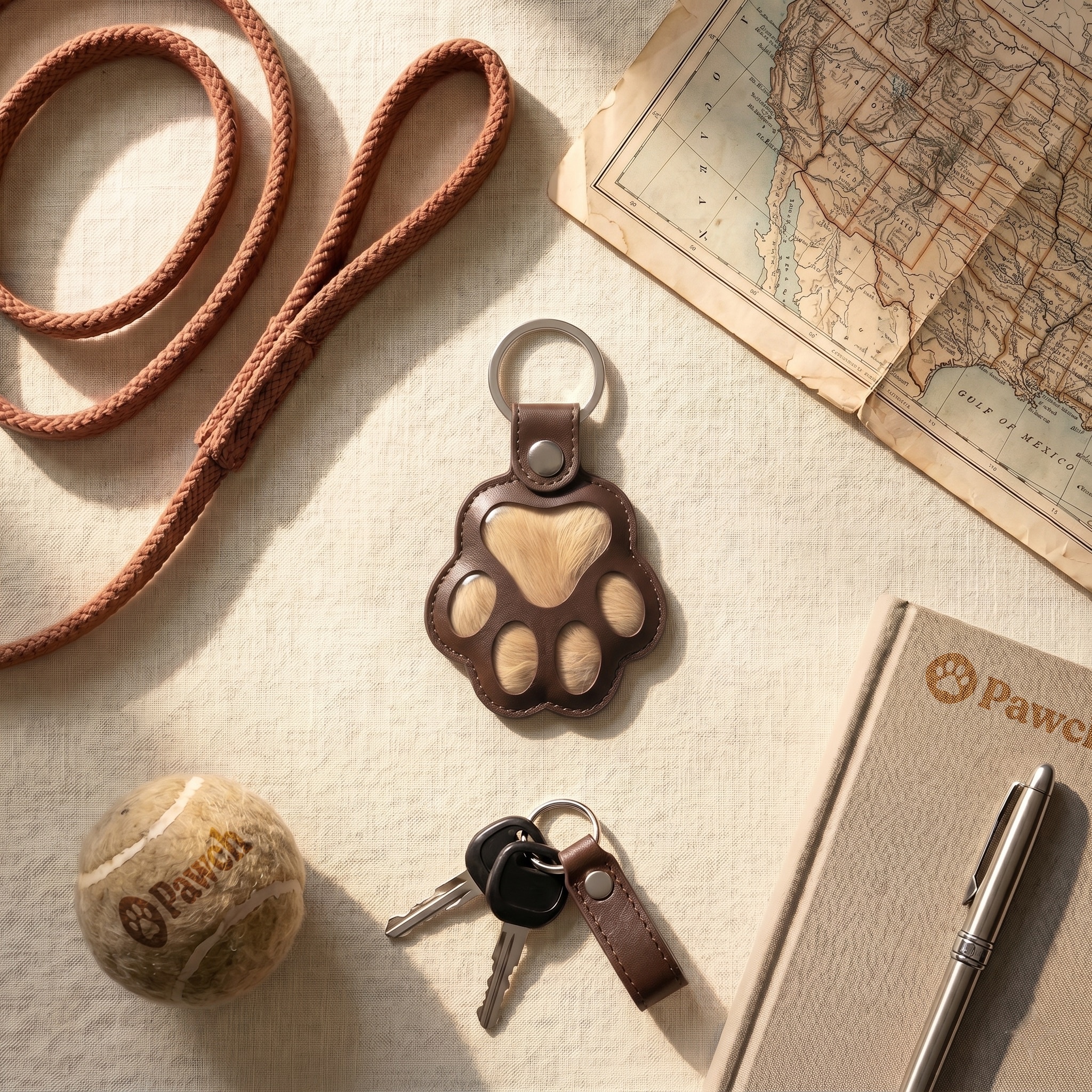 Pawch keychain on a desk flatlay with keys and a notebook
