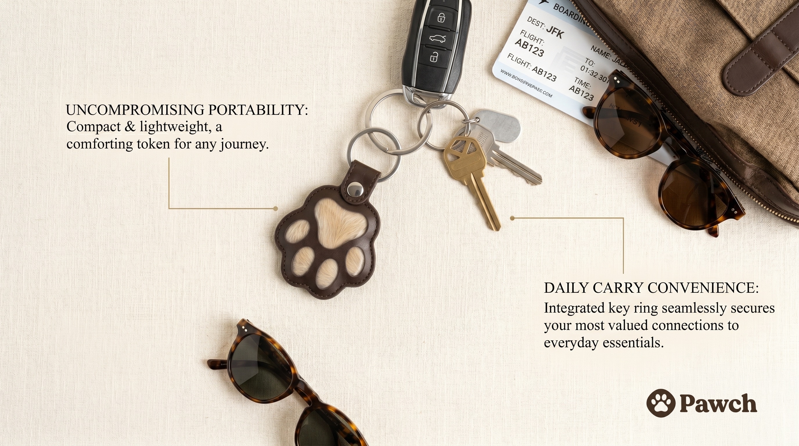 Pawch keychain on keys with sunglasses, boarding pass and bag — everyday carry flatlay