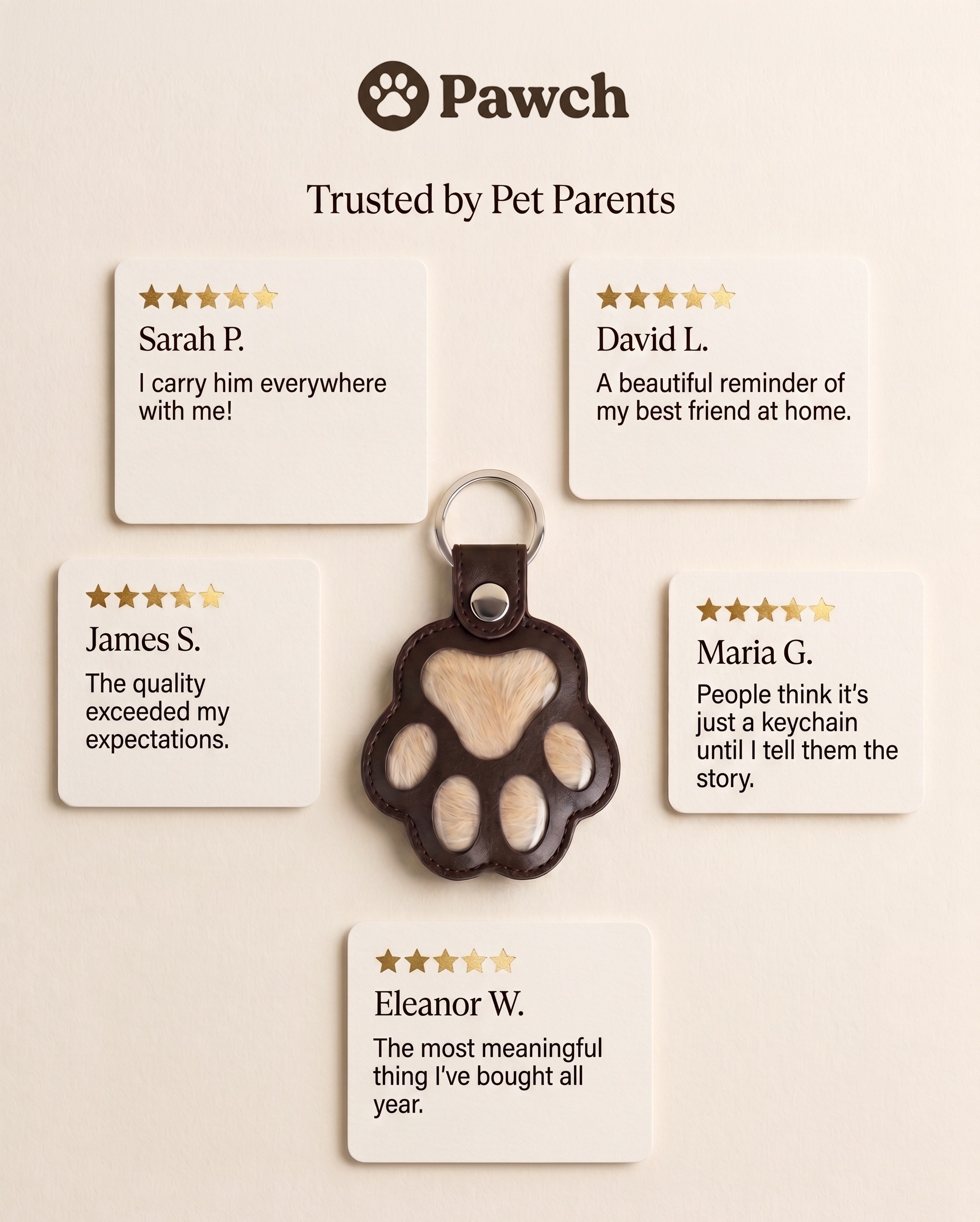 Pawch customer review collage with quotes from pet parents