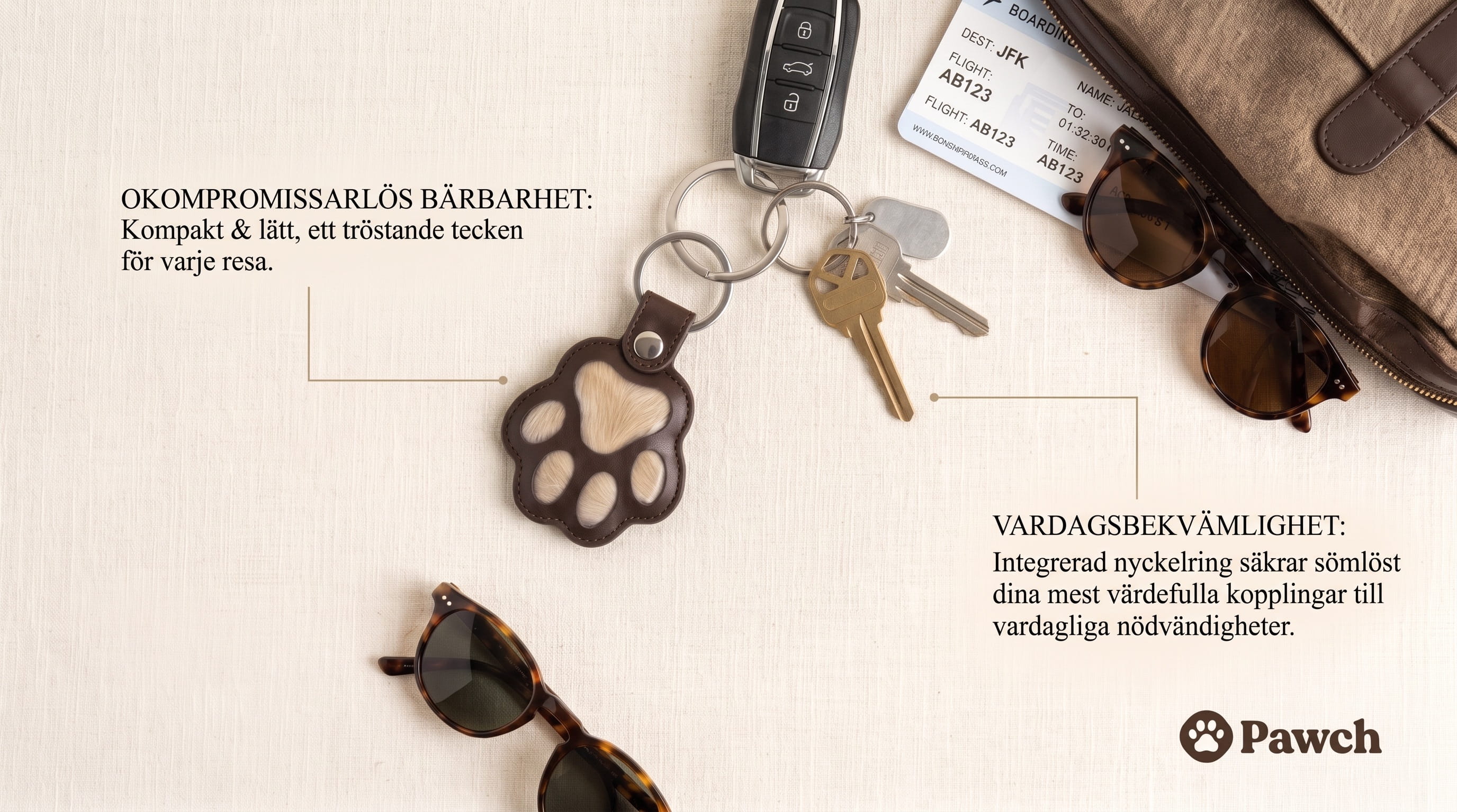 Pawch-nyckelring på en nyckelknippa med solglasögon, boardingkort och väska, ett stilleben från vardagen
