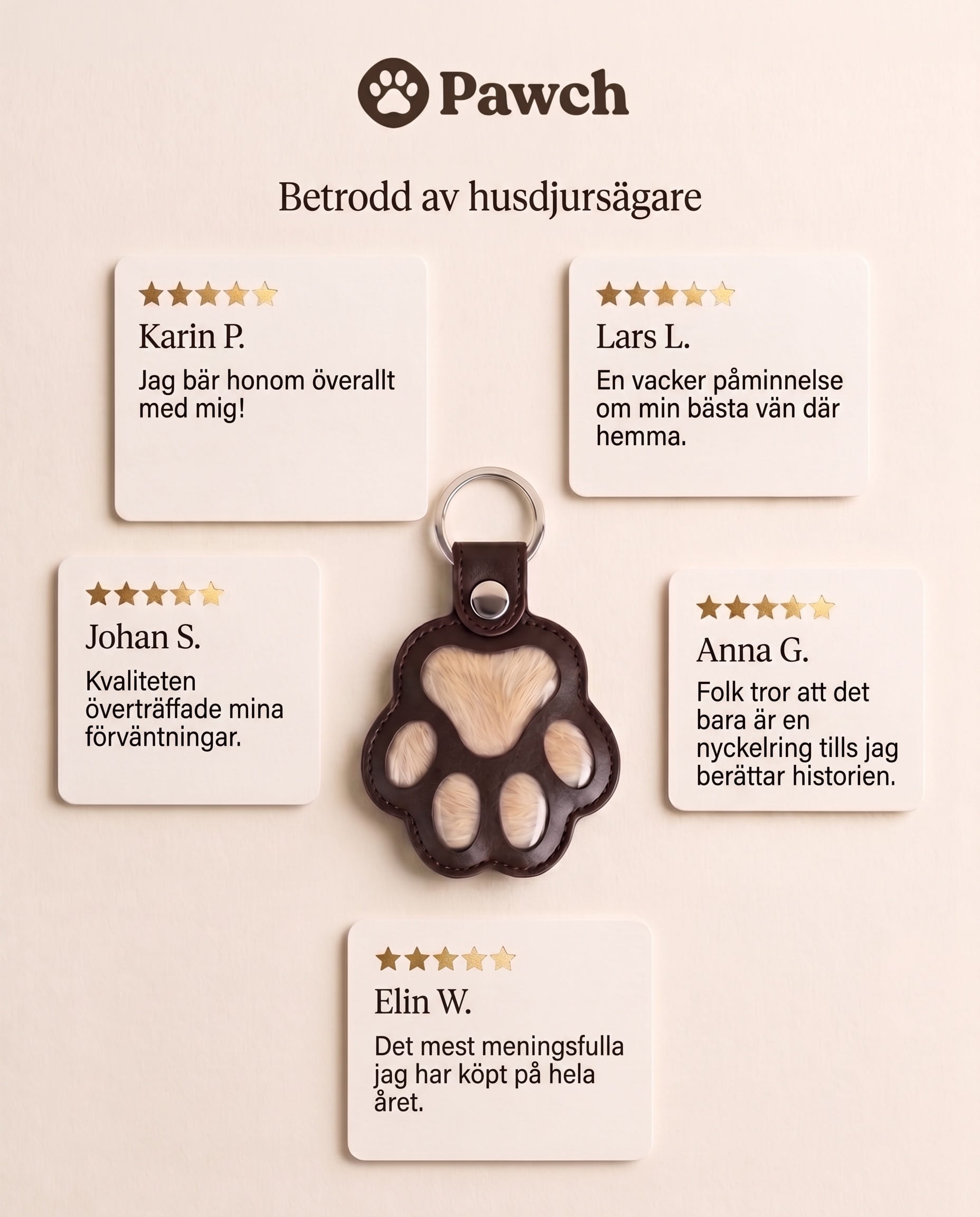 Collage av recensioner från Pawch med citat från de som valt oss